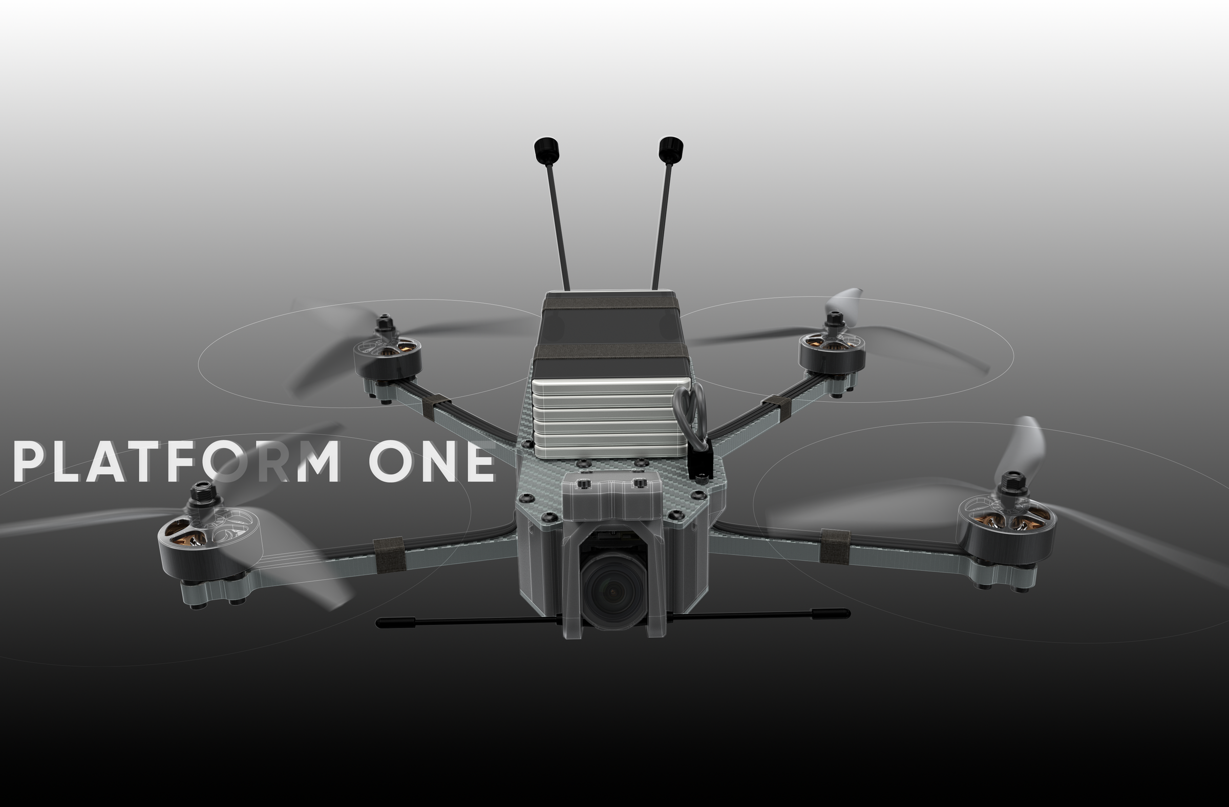 Drone with 'Platform One' branding on a gray background