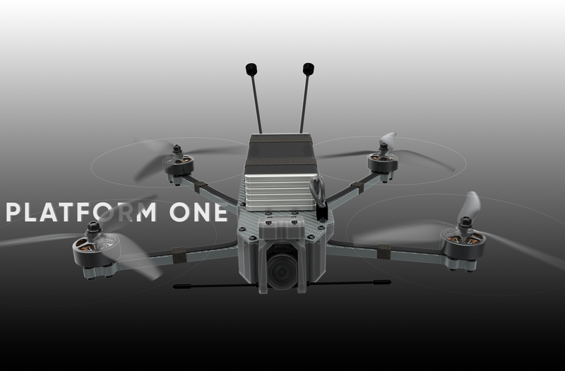 Drone with 'Platform One' branding on a gray background